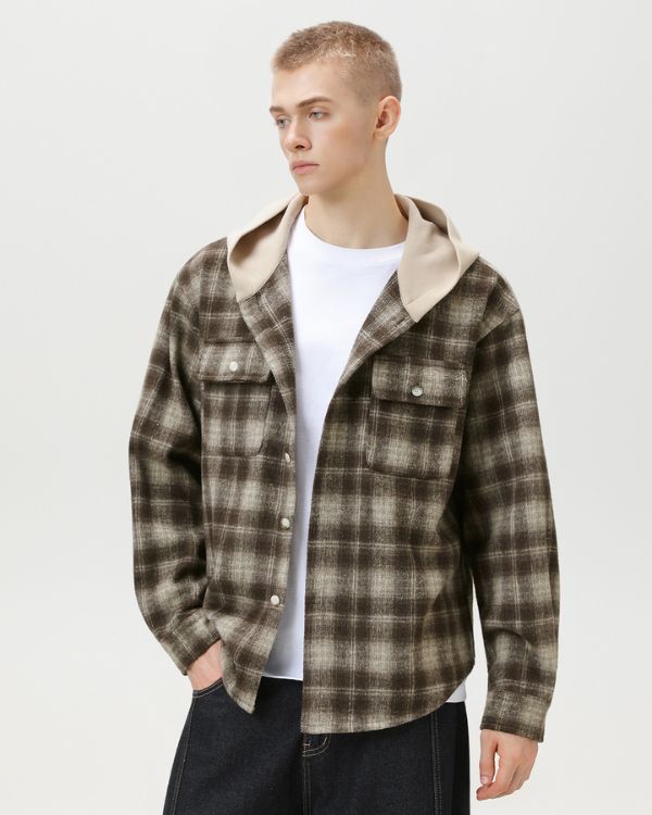 Plaid Hooded Checked Overshirt Cardigan