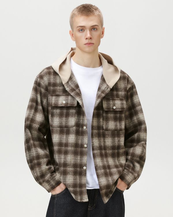 Plaid Hooded Checked Overshirt Cardigan