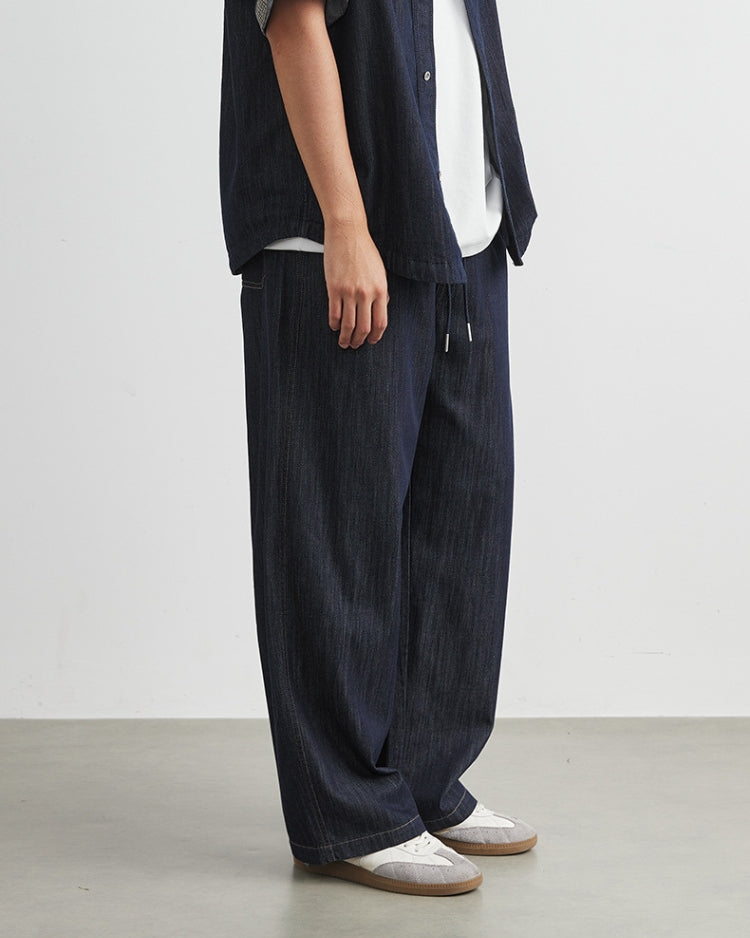 Relaxed Fit Dark Indigo Waistbang Drawstring Denim Trousers