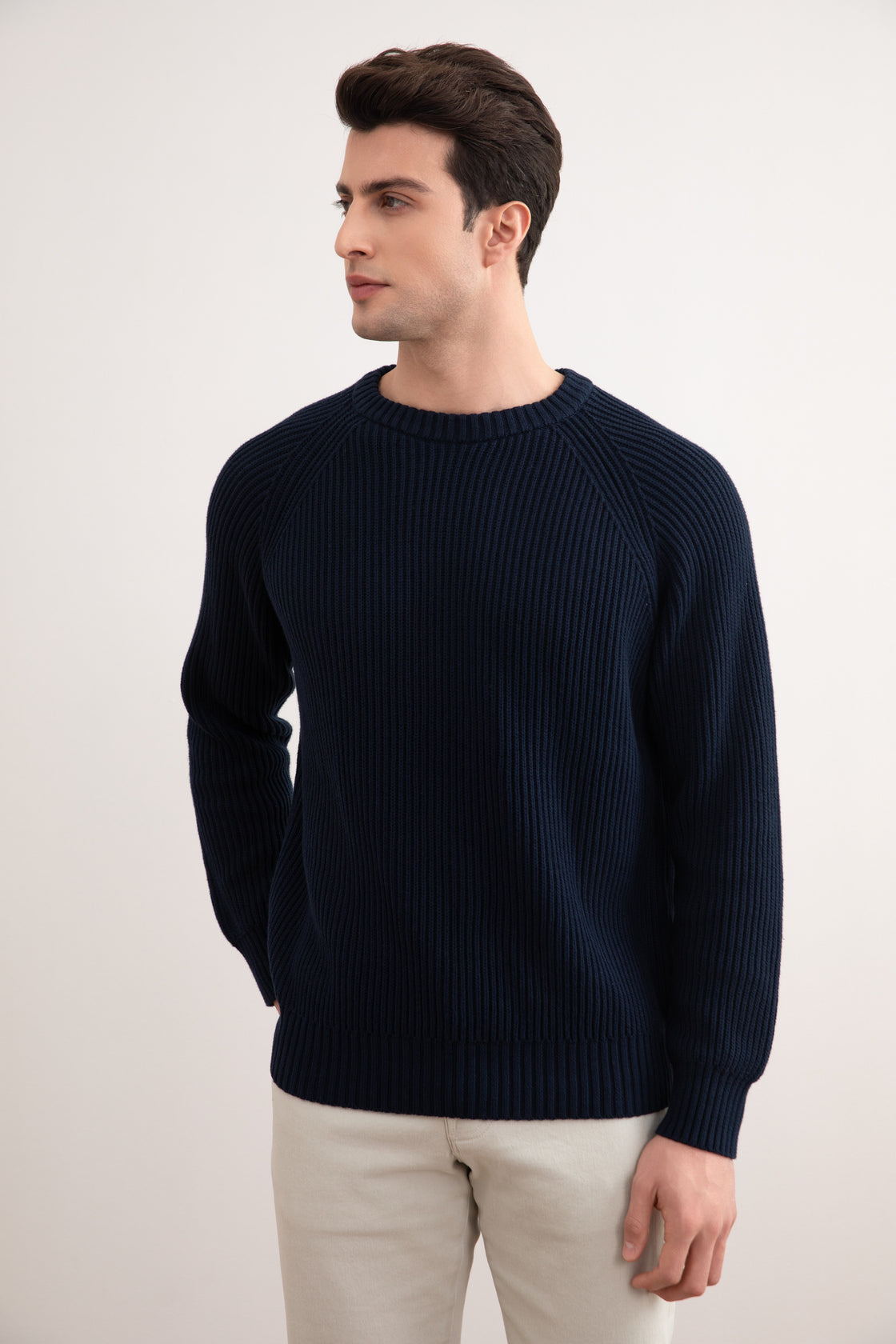 Marineblauer Rundhalsausschnitt mit englischem Rippstrick