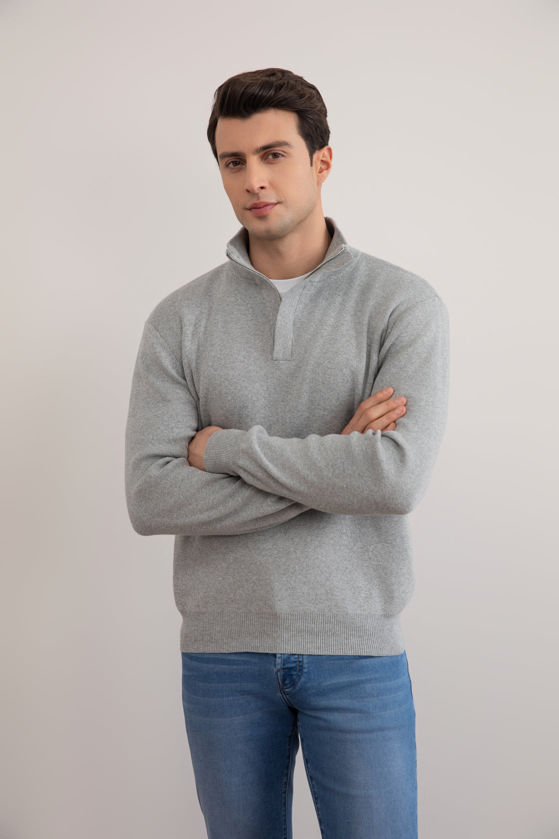 Grey Mélange Half-Zip Mock Neck Sweater