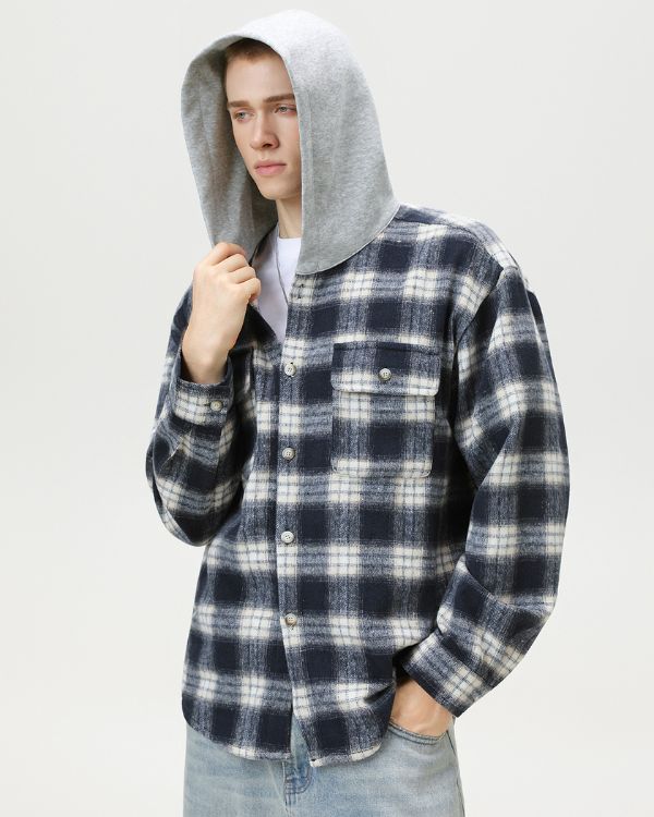 Plaid Hooded Checked Overshirt Cardigan