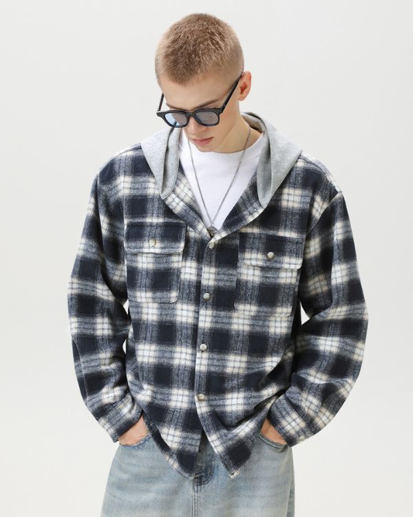 Plaid Hooded Checked Overshirt Cardigan