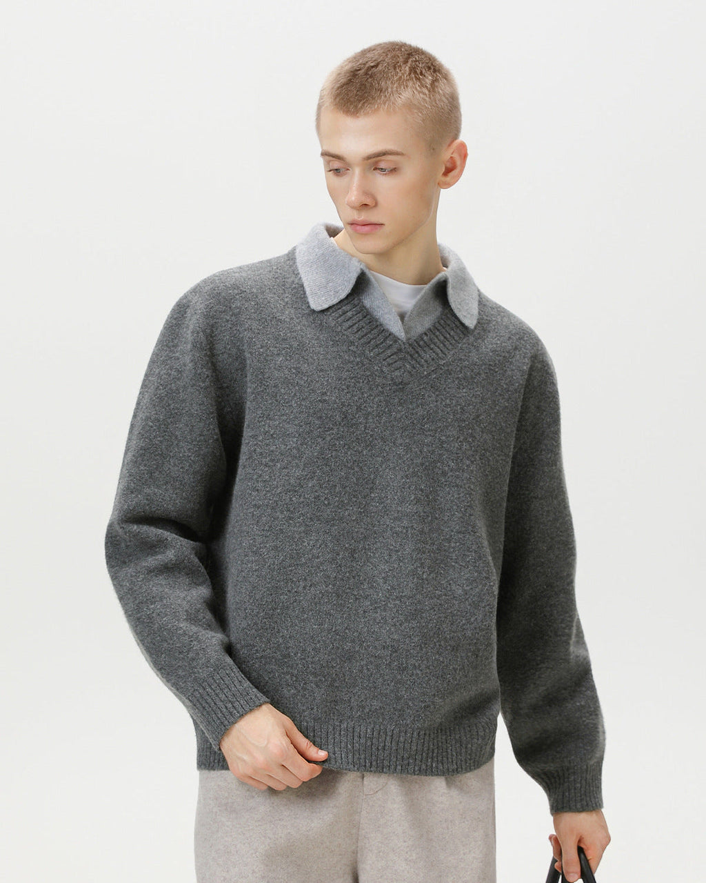 Wool Blend Collar V-Neck Knit Sweater