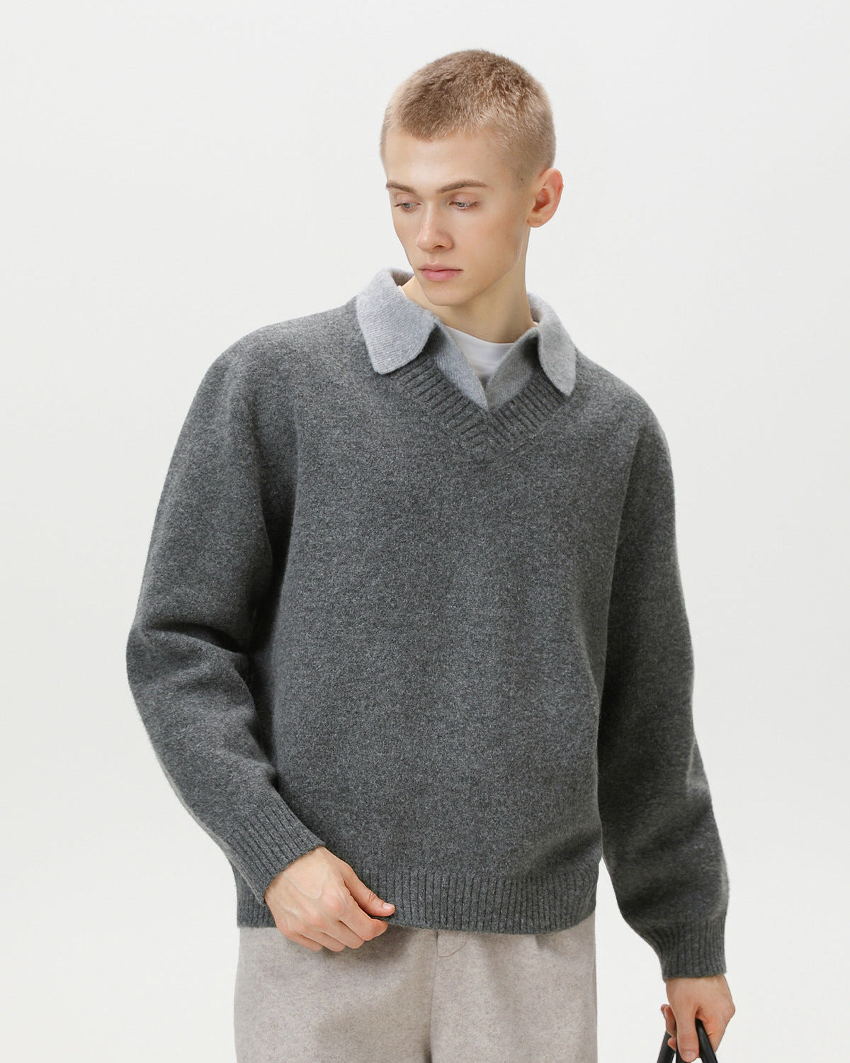 Wool Blend Collar V-Neck Knit Sweater